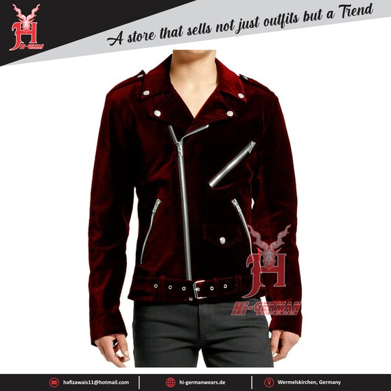 Gothic Handmade Gothic Moto Maroon Velvet Jacket Stylish Men