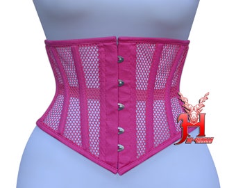 Handmade Women Hot Pink Cotton Mesh Underbust Corset Steel Boned Corset Waist Training Hourglass Shape Corset