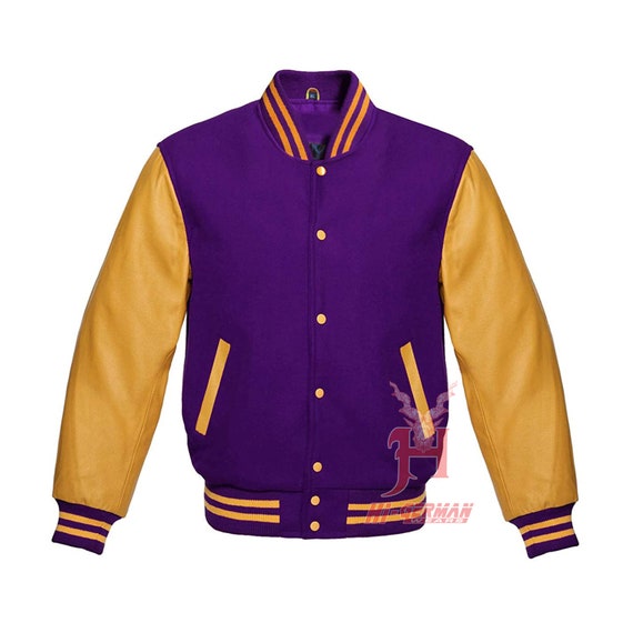  Varsity Jacket Baseball Letterman Bomber School Collage Purple  Wool and Genuine Sky Blue Leather Sleeves : Clothing, Shoes & Jewelry