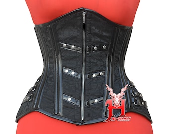 Handmade Women's Underbust Black Brocade Double Steel Boned Curvy Waist with PVC Straps Zip Closures Corset Hi-305 Unterbrust Korsett Lack