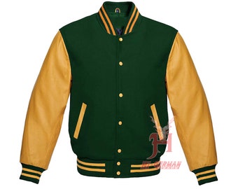 Varsity Letterman Baseball Forest Wool Véritable Or Cuir Manches Veste XS ~ 7XL Veste universitaire en laine avec manches en cuir de vache véritable