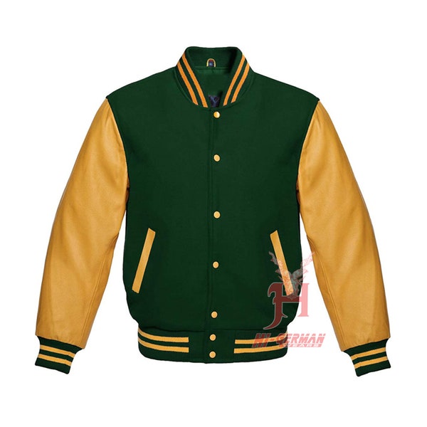 Varsity Letterman Baseball Forest Wool Véritable Or Cuir Manches Veste XS ~ 7XL Veste universitaire en laine avec manches en cuir de vache véritable