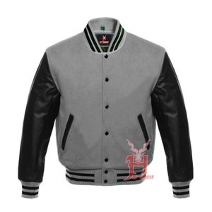 Varsity Letterman Baseball Bomber Gray Wool and Genuine Black Leather Sleeves Jacket Varsity Men's Women's Kid's Letterman college jackets