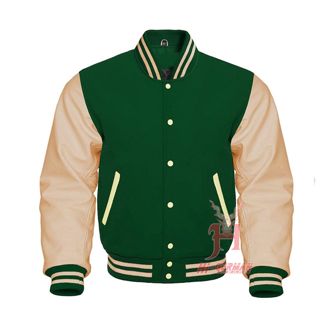 Baseball Letterman College Varsity Bomber Jacket Sports Wear Forest Green  Satin