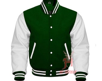 Handgemaakte Varsity Letterman Baseball Forest Green Wool Echt Wit Leren Sleeves Jacket College jack gemaakt van wol met echte koeienhuid lederen mouwen