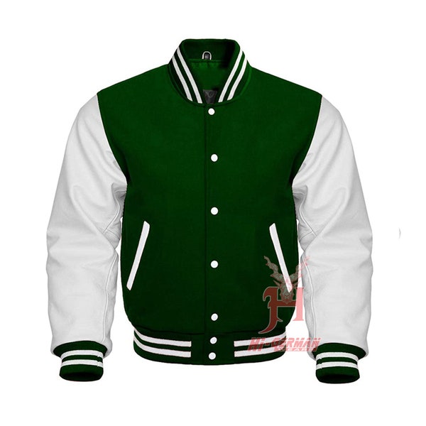 Handmade Varsity Letterman Baseball Forest Green Wool Genuine White Leather Sleeves Jacket Collegejacke aus Wolle mit echten Rindslederärmel