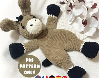 Donkey comforter. Cute snuggler. Amigurumi. Crochet. PDF. Animal. Plush. Baby security blanket. Easy. Pattern. Tutorial. Lovey. Horse. Mule