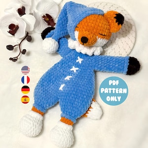 Fox in pajamas snuggler. Amigurumi. Crochet. PDF. Animal. Sleepy. Plush. Comforter. Baby security blanket.