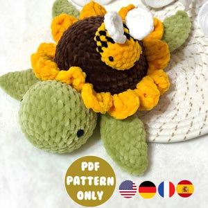 Sunflower Turtle with a Bee. Crochet. Amigurumi. Pattern. Tutorial. Flower. PDF. Insect. Honey. Cute. turtle. Sea. Sweet