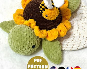 Sunflower Turtle with a Bee. Crochet. Amigurumi. Pattern. Tutorial. Flower. PDF. Insect. Honey. Cute. turtle. Sea. Sweet