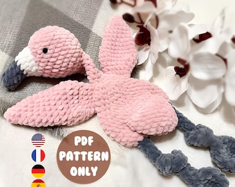 Flamingo comforter. Cute snuggler. Amigurumi. Crochet. PDF. Bird. Plush. Baby security blanket. Easy. Lovey. Pattern. Tutorial. Pink.