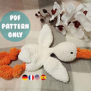 Gans Tröster. Süßer Kuscheltier. Amigurumi. Gehäkelt. PDF-Datei. Vogel. Plüsch. Baby Schmusetuch. Einfach. Herzallerliebst. Muster. Anleitung. Gans. Oie.