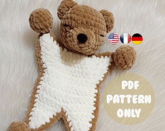 Mini bear comforter. Bear snuggler. Amigurumi. Crochet. PDF. Animal. Sleepy. Plush. Baby security blanket. Easy. Pattern. Tutorial. Lovey