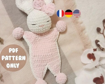Mini bunny comforter. Snuggler. Amigurumi. Crochet. PDF. Animal. Sleepy. Plush. Baby security blanket. Easy. Pink. Lovey