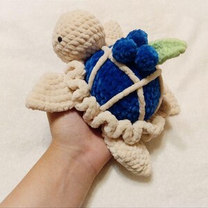 May include: A crocheted turtle toy with a blue shell and a green leaf. The shell is decorated with blue yarn balls.