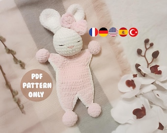 Mini bunny comforter. Snuggler. Amigurumi. Crochet. PDF. Animal. Sleepy. Plush. Baby security blanket. Easy. Pink. Lovey