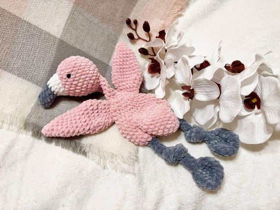 Flamingo comforter. Cute snuggler. Amigurumi. Crochet. PDF. Bird. Plush. Baby security blanket. Easy. Lovey. Pattern. Tutorial. Pink.