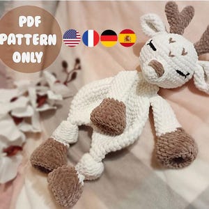 Rendier knuffel. Amigurumi. Gehaakt. pdf. Dier. Herten. Slaperig. Pluche. Dekbed. Veiligheidsdeken voor baby's.    Patroon. Zelfstudie. Liefje