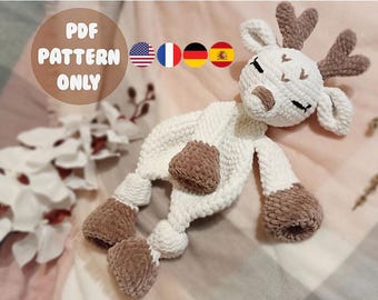 Reindeer snuggler. Amigurumi. Crochet. PDF. Animal. Deer. Sleepy. Plush. Comforter. Baby security blanket.    Pattern. Tutorial. Lovey