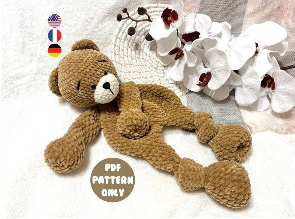 Bear snuggler. Amigurumi. Crochet. PDF. Animal. Sleepy. Plush. Comforter. Baby security blanket.