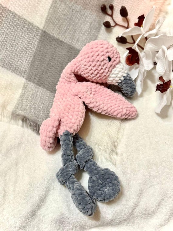 Flamingo comforter. Cute snuggler. Amigurumi. Crochet. PDF. Bird. Plush. Baby security blanket. Easy. Lovey. Pattern. Tutorial. Pink.