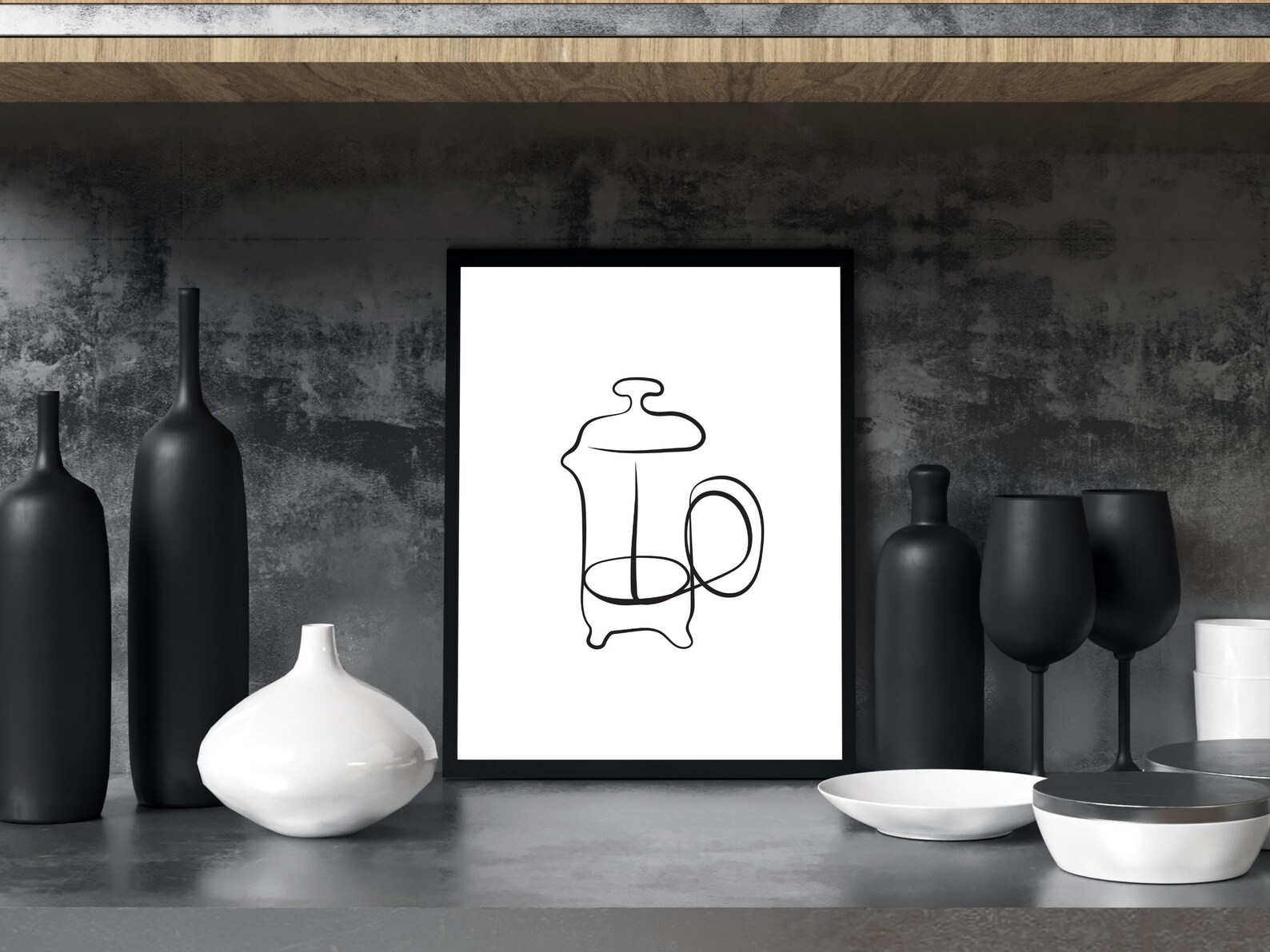 French Press Art Coffee Art Print line art print simple Etsy