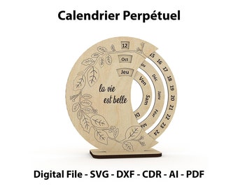 Calendrier français fichier découpé au laser, vecteur de calendrier perpétuel, coupe CNC, SVG, modèle cnc, fichier DXF, plan Cnc, fichier plan vectoriel, calendrier éternel