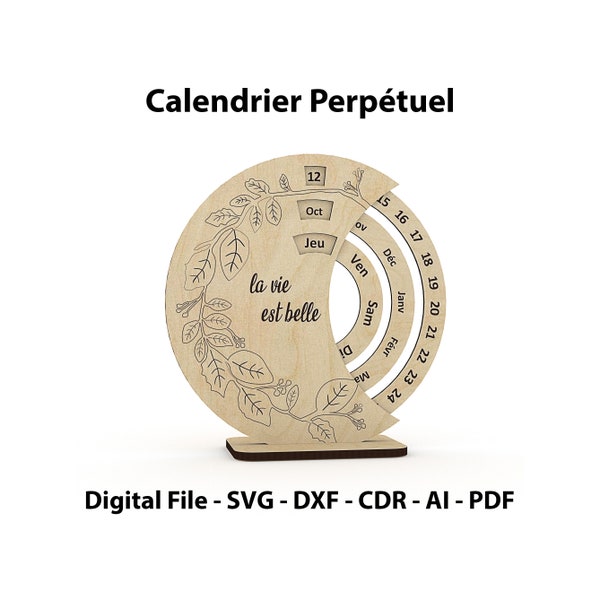 Calendrier français fichier découpé au laser, vecteur de calendrier perpétuel, coupe CNC, SVG, modèle cnc, fichier DXF, plan Cnc, fichier plan vectoriel, calendrier éternel