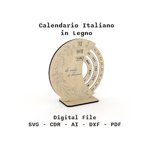 Calendario italiano, file di taglio laser, vettore calendario perpetuo, taglio CNC, SVG, modello CNC, file DXF, piano CNC, file piano vettoriale