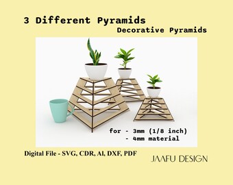 Wooden pyramid decor set, Multifunctional SVG decorative object,  Unique vase stand, Minimal object, Simple candle stand