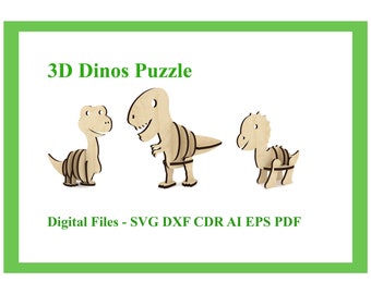 Dino Puzzle Laser Cut File, rompecabezas 3D, vector para CNC, archivo vectorial, archivo de corte vectorial, arte vectorial digital, patrón cnc, corte cnc, juguete dinosaurio