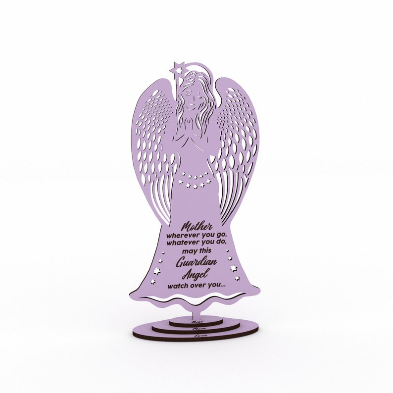 K&ouml;nnte beinhalten: Eine violette Holzengelfigur mit einem Stern auf dem Kopf und Fl&uuml;geln. Der Engel h&auml;lt seine H&auml;nde zum Gebet zusammen. Der Text "Mutter, wohin du auch gehst, was du auch tust, m&ouml;ge dieser Schutzengel &uuml;ber dich wachen..." steht unter dem Engel.