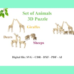 Könnte beinhalten: Ein Set aus 3D-Tierpuzzles aus Holz, darunter Giraffen, Hirsche und Schafe. Die Puzzles sind lasergeschnitten und bereit zum Zusammenbauen. Digitale Dateien sind in den Formaten SVG, CDR, DXF, PDF und AI verfügbar.