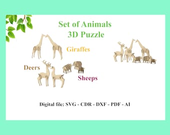 Animals Puzzle Set, Laser Cut File, 3D puzzle, vector for CNC, vector file, digital vector art, cnc pattern, cnc cut, Deer Giraffe sheep toy
