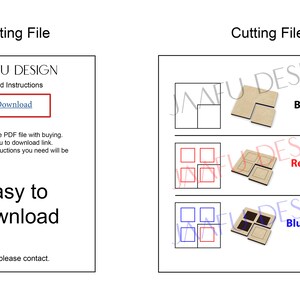 May include: A digital download instruction sheet for a laser cutting project. The sheet includes a clickable link to download the files. The cutting file instructions are shown with a diagram of the pieces and the cutting instructions: Black - Cut, Red - Score, Blue - Engrave.