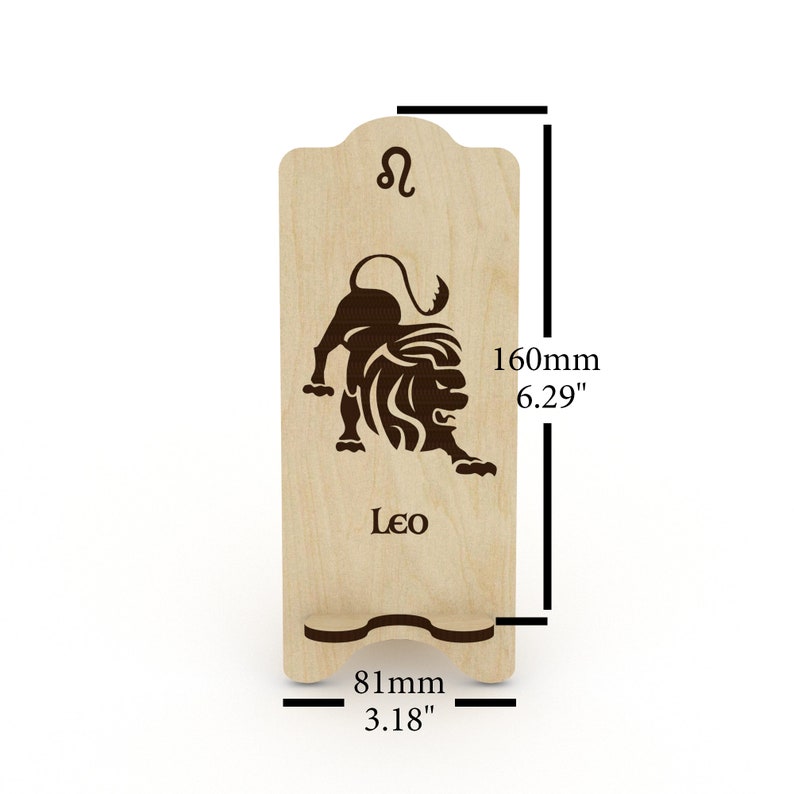May include: Wooden phone stand with a laser-engraved Leo zodiac sign and the word "Leo". The stand is 6.29 inches tall and 3.18 inches wide.