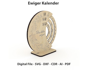 German Calendar, Laser Cut File, Perpetual Calendar Vector, CNC Cut, SVG, cnc Pattern, DXF file, Cnc plan, vector plan file