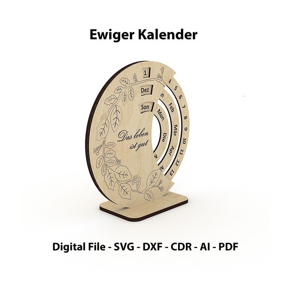 German Calendar, Laser Cut File, Perpetual Calendar Vector, CNC Cut, SVG, cnc Pattern, DXF file, Cnc plan, vector plan file