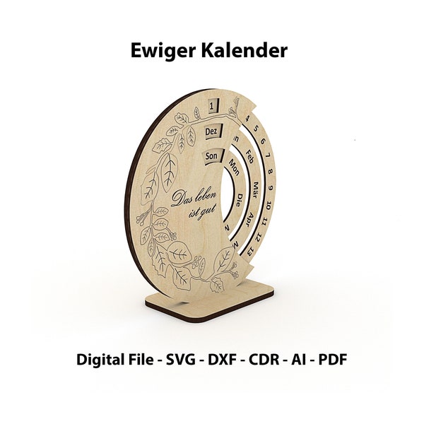 Duitse kalender, lasergesneden bestand, eeuwigdurende kalendervector, CNC-gesneden, SVG, CNC-patroon, DXF-bestand, CNC-plan, vectorplanbestand