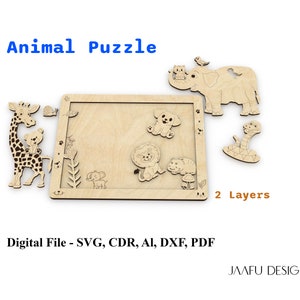 レーザーカットパズル、子供向け動物パズル、SVG glowforge ファイル、子供向け DXF ファイル、木製パズル