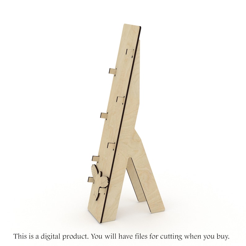 May include: A wooden easel with a bird design. The easel has four shelves for displaying items.