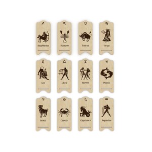 May include: Twelve wooden signs with the astrological symbols and names for each of the zodiac signs. The signs are arranged in three rows of four signs each.