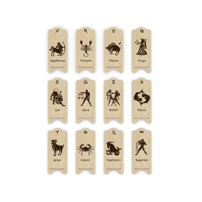 May include: Twelve wooden signs with the astrological symbols and names for each of the zodiac signs. The signs are arranged in three rows of four signs each.