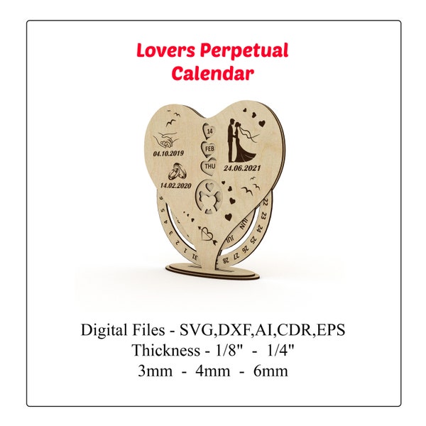 Perpetual Calendar SVG, Valentines Day Laser Cut, Laser Cut Files, Glowforge Files, Valentines Heart, Lovers Calendar