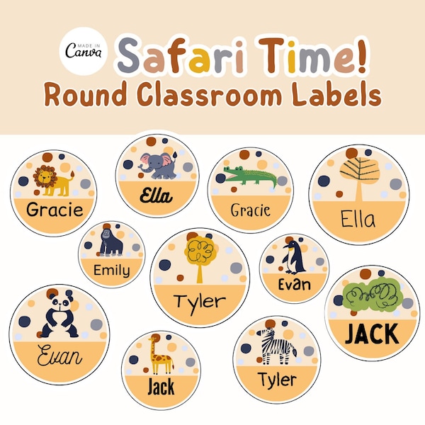 Safari Classroom Name Tags / Printable Name Tags / Zoo Animals Summer Class Theme / Editable Canva Template / Teacher Labeling Supplies