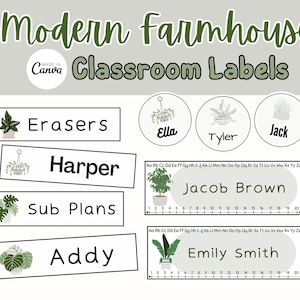 Modern Farmhouse Classroom Organization Bundle / Name Tag Templates for Classroom / Editable Classroom Labels / Editable Classroom Name Tags