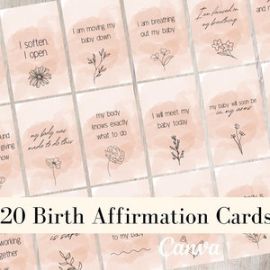 20 tarjetas imprimibles con afirmaciones positivas para el parto / Afirmaciones visuales digitales para el parto natural / Afirmaciones digitales para el parto vaginal después de una cesárea o en casa