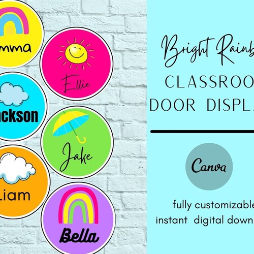 Printable Door Display / Bright Rainbow Classroom Theme / Neon Classroom Decor / Printable Name Tags / Printable Labels/ Canva Template