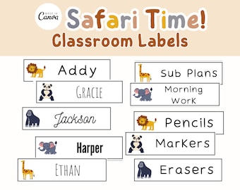Etiquetas de nombre editables / Decoración para el aula con temática de safari / Decoración infantil con animales del zoológico / Material para docentes / Etiquetas imprimibles para el aula / Herramienta de organización
