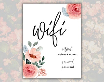 Floral WiFi Password Printable Sign, Editable Wifi Network Template, 8.5 x 11 Air Bnb Wifi Password, Instant Download, Digital Template